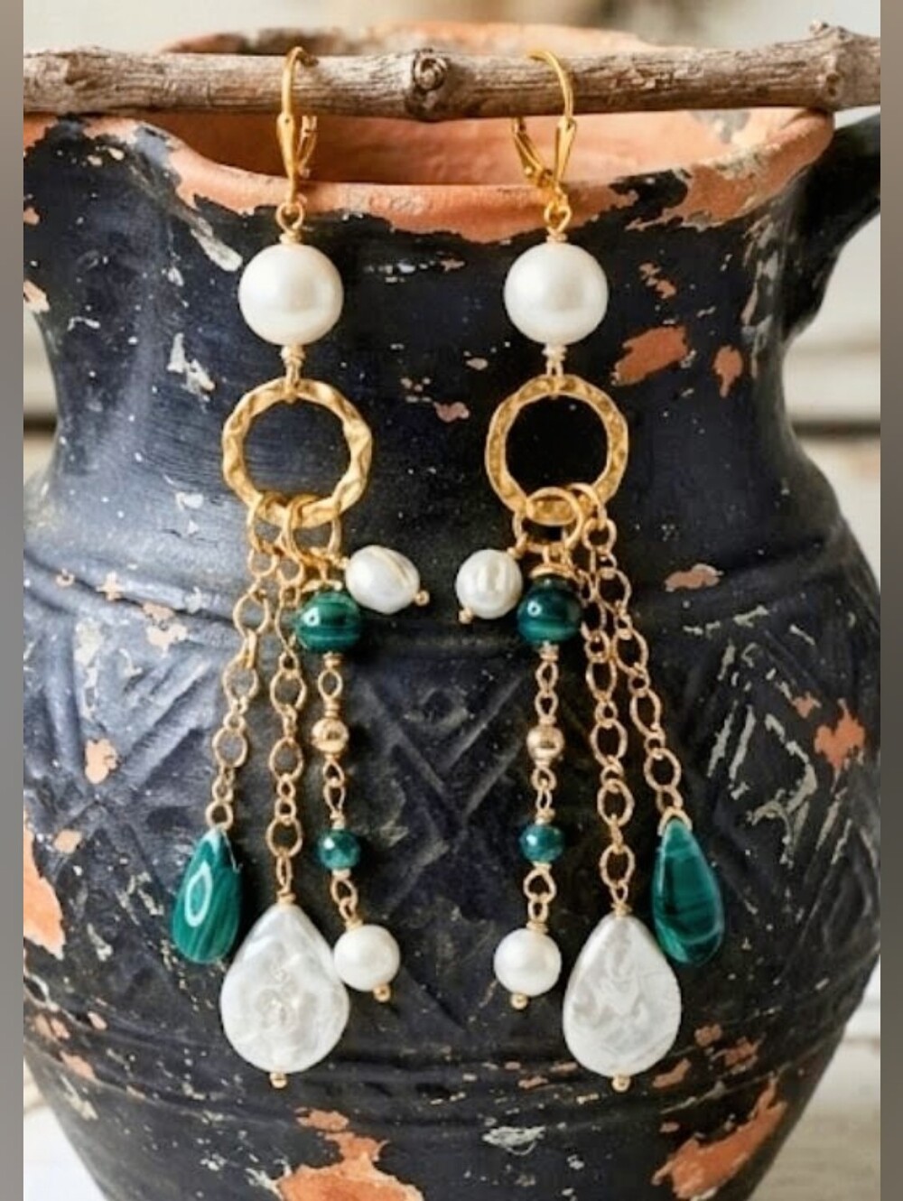 Genuine Congolese Malachite & Freshwater Pearls In Long Gold Plated Earrings